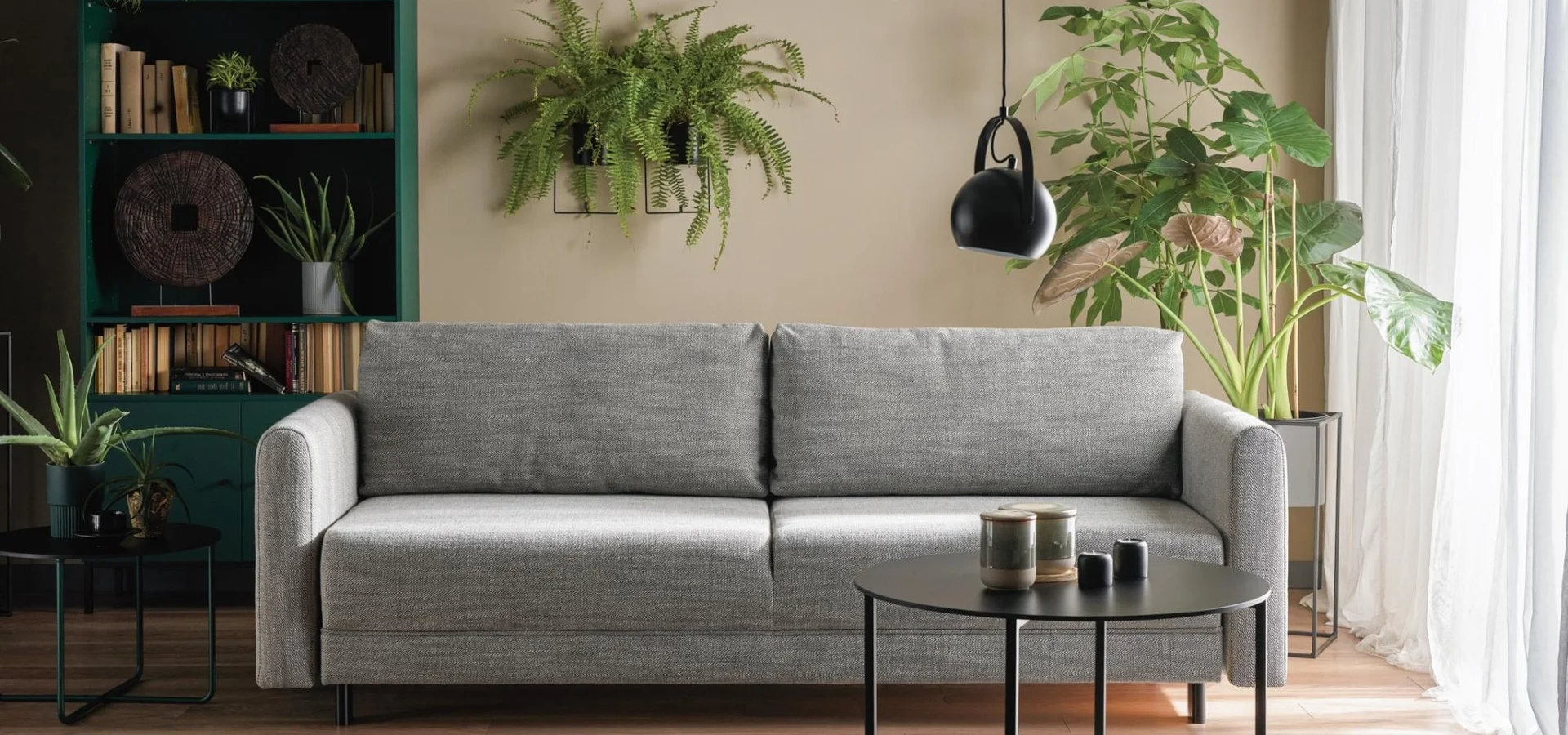 Szara sofa w pokoju z dużą ilością roślin doniczkowych